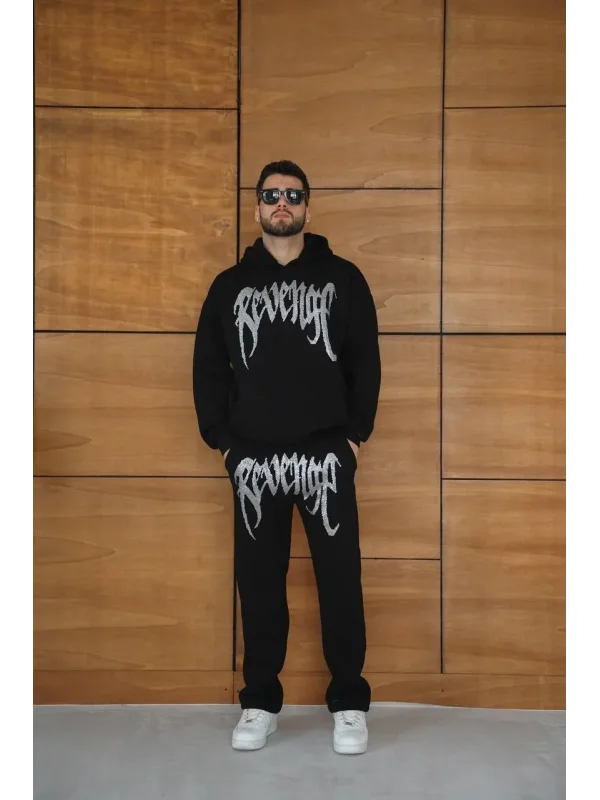 Erkek Premium Taş Baskılı Eşofman Takım Revenge Model (Siyah) Kapüşonlu Üst + Taşlı Baskılı Alt Modern Streetwear Tarzı Oversize Rahat Kalıp 3 iplik Pamuklu - Siyah
