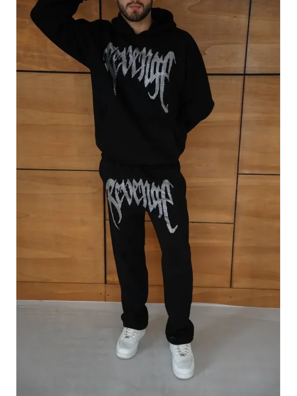 Erkek Premium Taş Baskılı Eşofman Takım Revenge Model (Siyah) Kapüşonlu Üst + Taşlı Baskılı Alt Modern Streetwear Tarzı Oversize Rahat Kalıp 3 iplik Pamuklu - Siyah