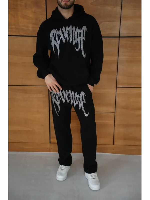 Erkek Premium Taş Baskılı Eşofman Takım Revenge Model (Siyah) Kapüşonlu Üst + Taşlı Baskılı Alt Modern Streetwear Tarzı Oversize Rahat Kalıp 3 iplik Pamuklu - Siyah