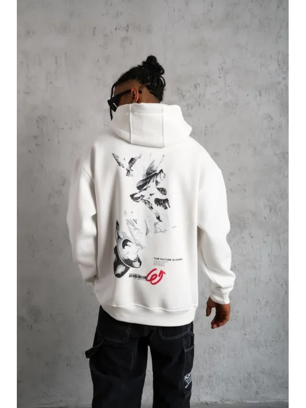 Lushiowear Erkek 3 İplik Pamuklu Kapüşonlu Baskılı Cepli Oversize Sweatshirt Hoodie - Beyaz