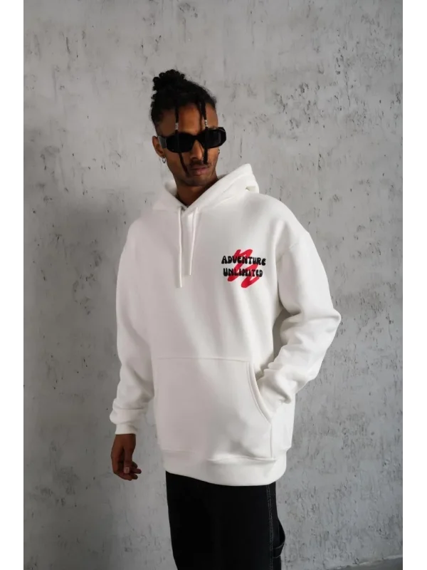 Lushiowear Erkek 3 İplik Pamuklu Kapüşonlu Baskılı Cepli Oversize Sweatshirt Hoodie - Beyaz