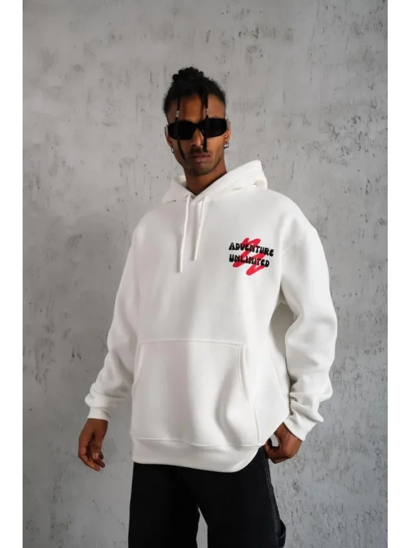 Lushiowear Erkek 3 İplik Pamuklu Kapüşonlu Baskılı Cepli Oversize Sweatshirt Hoodie - Beyaz