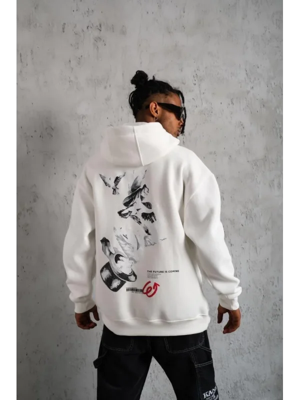 Lushiowear Erkek 3 İplik Pamuklu Kapüşonlu Baskılı Cepli Oversize Sweatshirt Hoodie - Beyaz