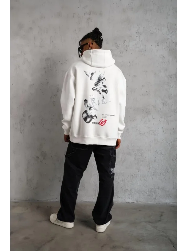 Lushiowear Erkek 3 İplik Pamuklu Kapüşonlu Baskılı Cepli Oversize Sweatshirt Hoodie - Beyaz