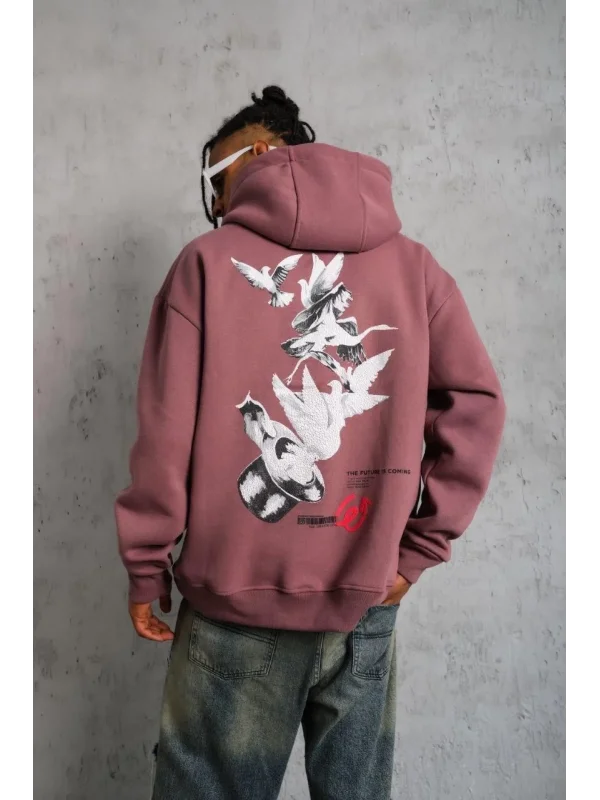 Lushiowear Erkek 3 İplik Pamuklu Kapüşonlu Baskılı Cepli Oversize Sweatshirt Hoodie - Gül Kurusu