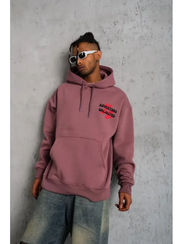 Lushiowear Erkek 3 İplik Pamuklu Kapüşonlu Baskılı Cepli Oversize Sweatshirt Hoodie - Gül Kurusu