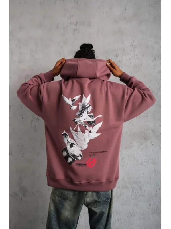 Lushiowear Erkek 3 İplik Pamuklu Kapüşonlu Baskılı Cepli Oversize Sweatshirt Hoodie - Gül Kurusu