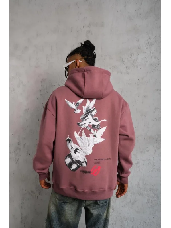 Lushiowear Erkek 3 İplik Pamuklu Kapüşonlu Baskılı Cepli Oversize Sweatshirt Hoodie - Gül Kurusu