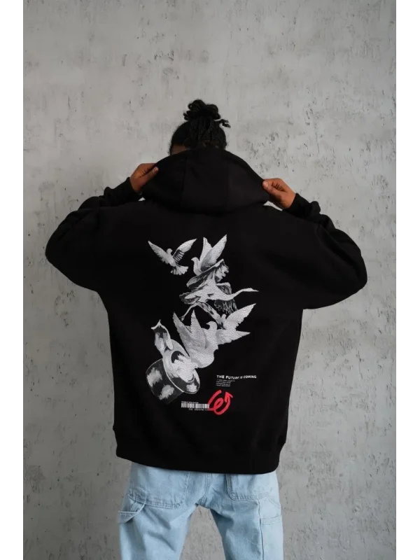Lushiowear Erkek 3 İplik Pamuklu Kapüşonlu Baskılı Cepli Oversize Sweatshirt Hoodie - Siyah
