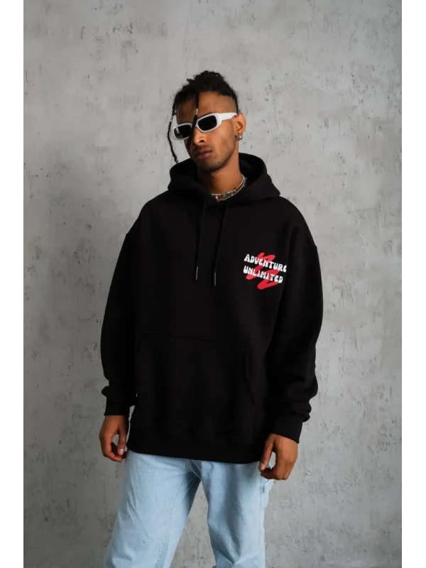 Lushiowear Erkek 3 İplik Pamuklu Kapüşonlu Baskılı Cepli Oversize Sweatshirt Hoodie - Siyah