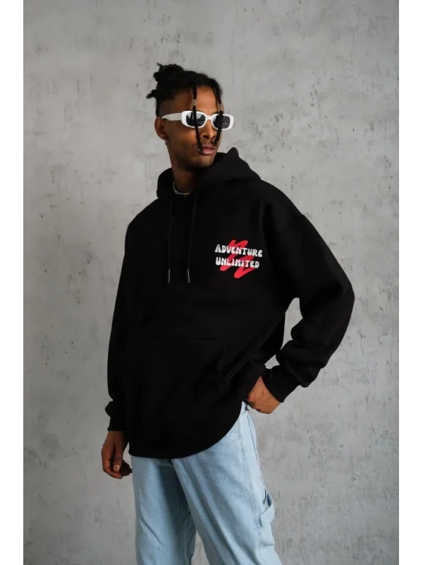 Lushiowear Erkek 3 İplik Pamuklu Kapüşonlu Baskılı Cepli Oversize Sweatshirt Hoodie - Siyah