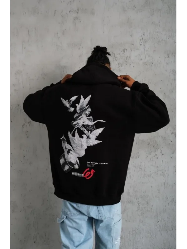 Lushiowear Erkek 3 İplik Pamuklu Kapüşonlu Baskılı Cepli Oversize Sweatshirt Hoodie - Siyah