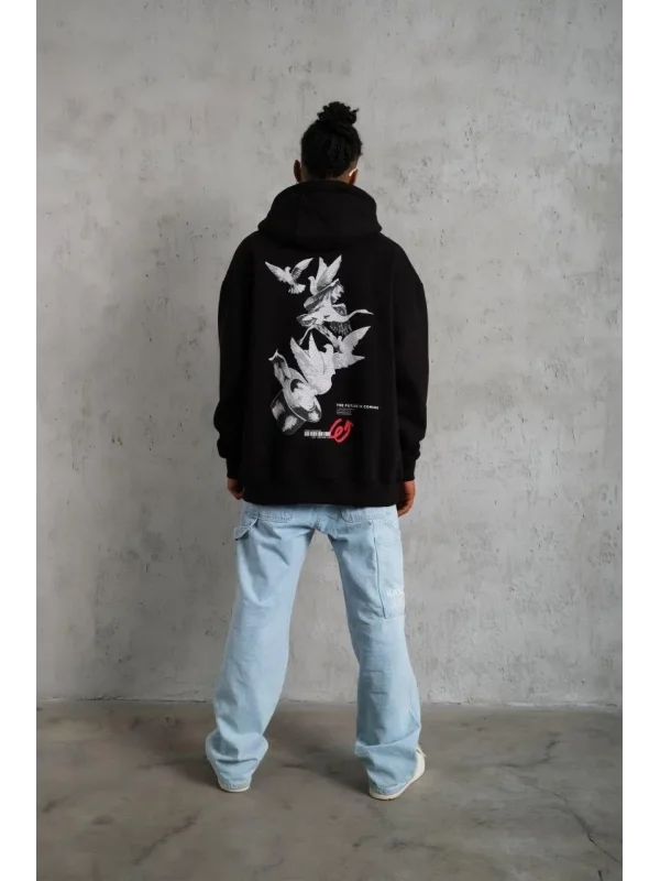 Lushiowear Erkek 3 İplik Pamuklu Kapüşonlu Baskılı Cepli Oversize Sweatshirt Hoodie - Siyah