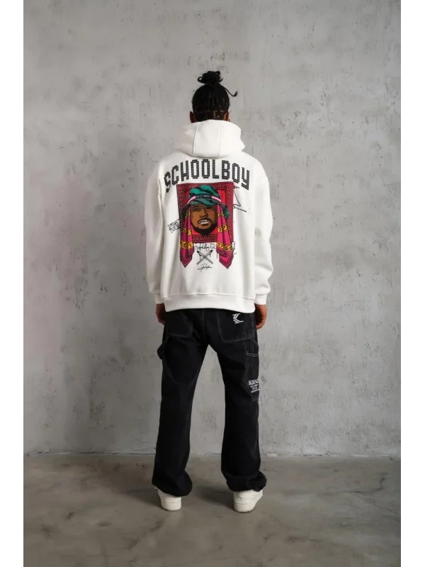 Lushiowear Erkek 3 İplik Pamuklu Kapüşonlu Baskılı Cepli Oversize Sweatshirt Hoodie - Beyaz