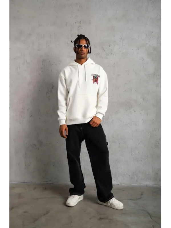 Lushiowear Erkek 3 İplik Pamuklu Kapüşonlu Baskılı Cepli Oversize Sweatshirt Hoodie - Beyaz