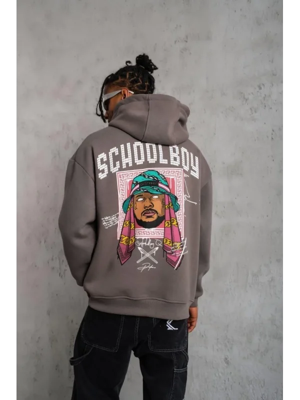 Lushiowear Erkek 3 İplik Pamuklu Kapüşonlu Baskılı Cepli Oversize Sweatshirt Hoodie - Gri