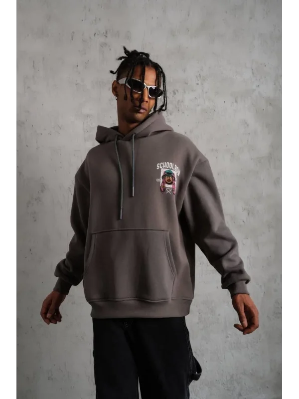 Lushiowear Erkek 3 İplik Pamuklu Kapüşonlu Baskılı Cepli Oversize Sweatshirt Hoodie - Gri