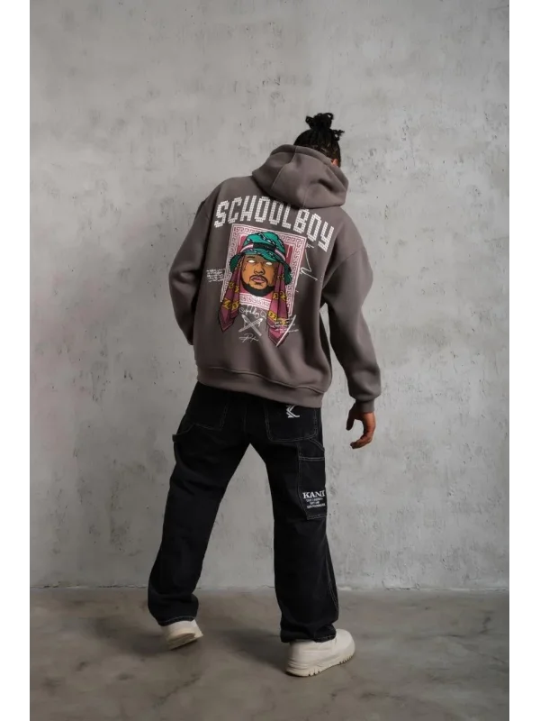 Lushiowear Erkek 3 İplik Pamuklu Kapüşonlu Baskılı Cepli Oversize Sweatshirt Hoodie - Gri