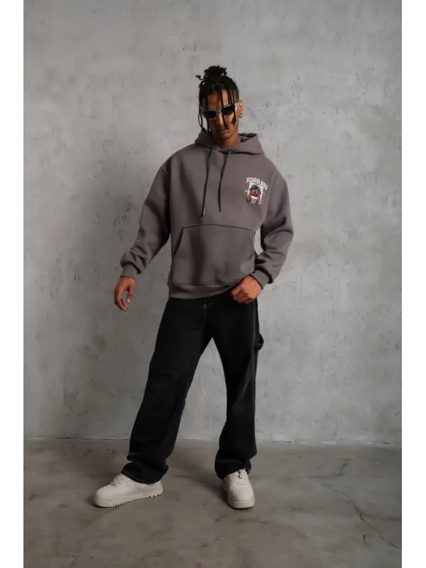 Lushiowear Erkek 3 İplik Pamuklu Kapüşonlu Baskılı Cepli Oversize Sweatshirt Hoodie - Gri