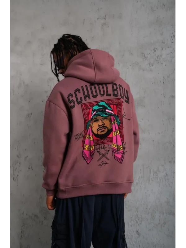 Lushiowear Erkek 3 İplik Pamuklu Kapüşonlu Baskılı Cepli Oversize Sweatshirt Hoodie - Gül Kurusu