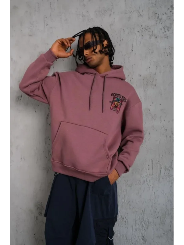 Lushiowear Erkek 3 İplik Pamuklu Kapüşonlu Baskılı Cepli Oversize Sweatshirt Hoodie - Gül Kurusu