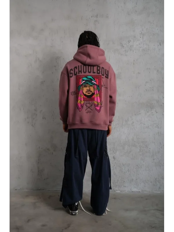 Lushiowear Erkek 3 İplik Pamuklu Kapüşonlu Baskılı Cepli Oversize Sweatshirt Hoodie - Gül Kurusu