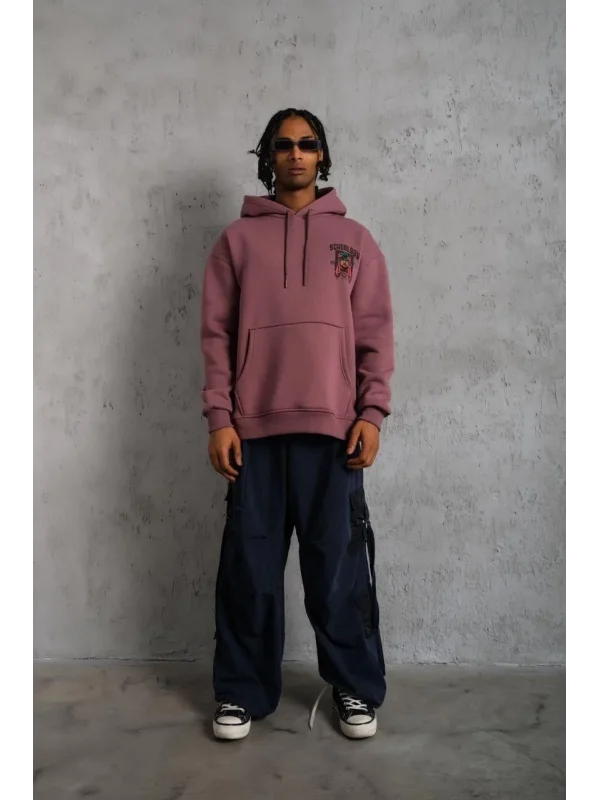 Lushiowear Erkek 3 İplik Pamuklu Kapüşonlu Baskılı Cepli Oversize Sweatshirt Hoodie - Gül Kurusu