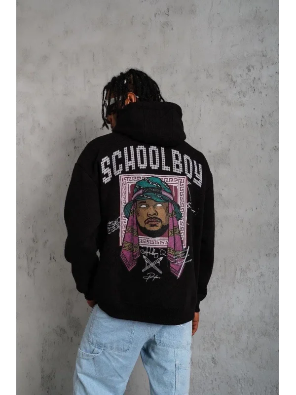 Lushiowear Erkek 3 İplik Pamuklu Kapüşonlu Baskılı Cepli Oversize Sweatshirt Hoodie - Siyah