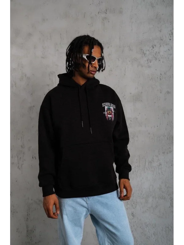 Lushiowear Erkek 3 İplik Pamuklu Kapüşonlu Baskılı Cepli Oversize Sweatshirt Hoodie - Siyah