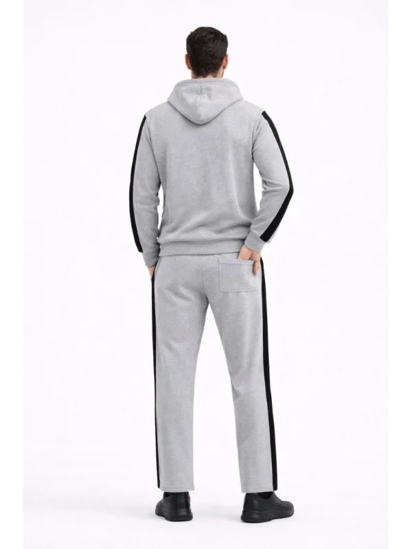 Erkek Şeritli Eşofman Takım Kapüşonlu Sweatshirt Boru Paça Alt, Oversize 3 iplik Pamuklu - Gri