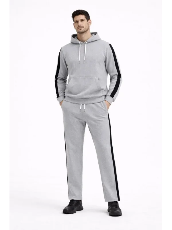 Erkek Şeritli Eşofman Takım Kapüşonlu Sweatshirt Boru Paça Alt, Oversize 3 iplik Pamuklu - Gri