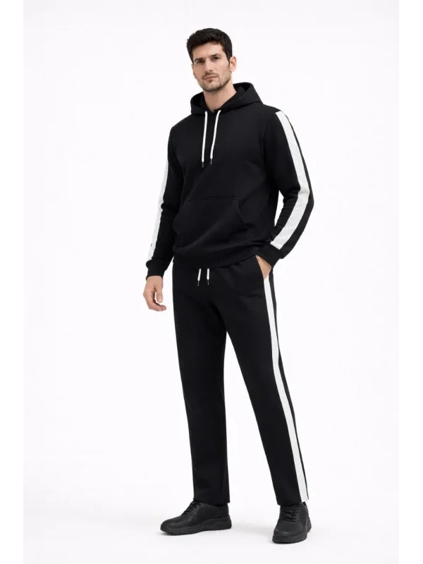 Erkek Şeritli Eşofman Takım Kapüşonlu Sweatshirt Boru Paça Alt, Oversize 3 iplik Pamuklu - Siyah