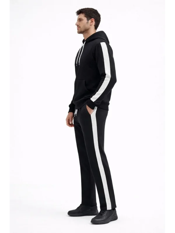 Erkek Şeritli Eşofman Takım Kapüşonlu Sweatshirt Boru Paça Alt, Oversize 3 iplik Pamuklu - Siyah