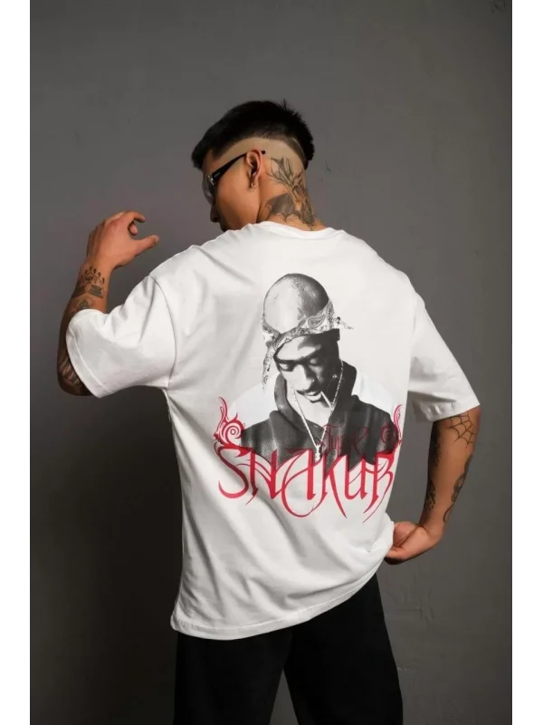 Erkek Oversize Tişört – Beyaz 24/1 Penye Kumaş, Bisiklet Yaka, Ön & Arka Baskılı, Streetwear Tarzı Rahat Büyük Kalıp T-Shirt- Beyaz