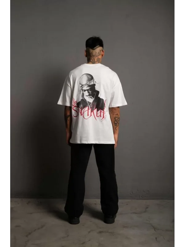Erkek Oversize Tişört – Beyaz 24/1 Penye Kumaş, Bisiklet Yaka, Ön & Arka Baskılı, Streetwear Tarzı Rahat Büyük Kalıp T-Shirt- Beyaz