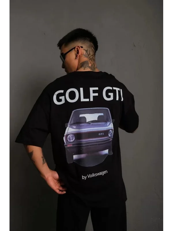 Erkek Oversize Baskılı Tişört – Golf GTI Retro Araba Desenli, Ön & Arka Dijital Baskı, Sokak Modası Stil - Siyah