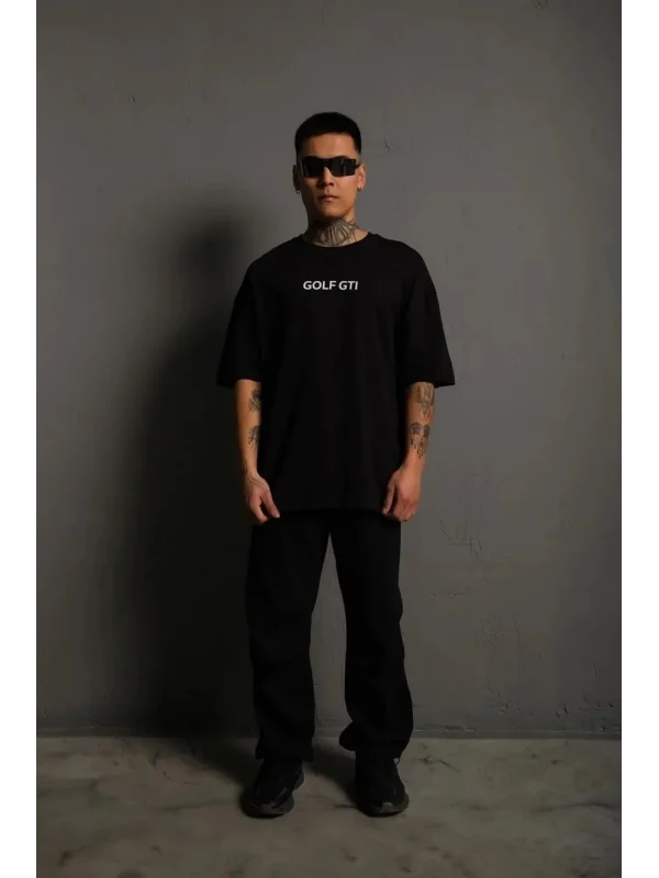 Erkek Oversize Baskılı Tişört – Golf GTI Retro Araba Desenli, Ön & Arka Dijital Baskı, Sokak Modası Stil - Siyah