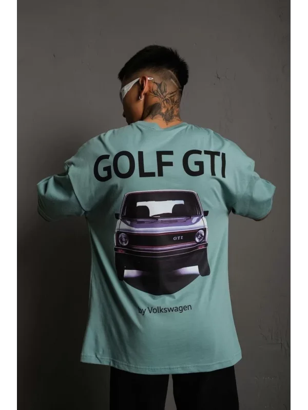Erkek Oversize Baskılı Tişört – Golf GTI Retro Araba Desenli, Ön & Arka Dijital Baskı, Sokak Modası Stil - Mint Yeşili