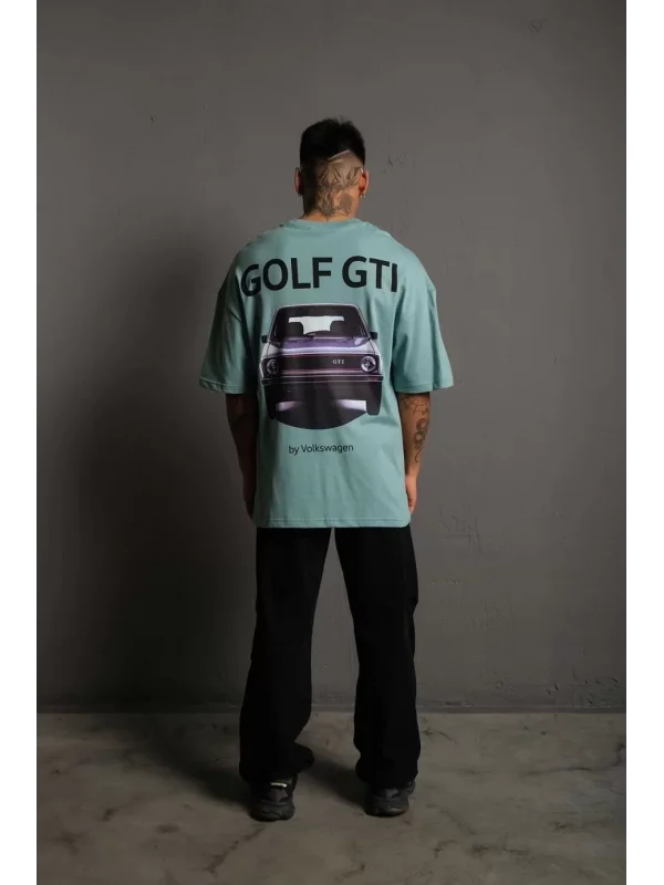 Erkek Oversize Baskılı Tişört – Golf GTI Retro Araba Desenli, Ön & Arka Dijital Baskı, Sokak Modası Stil - Mint Yeşili