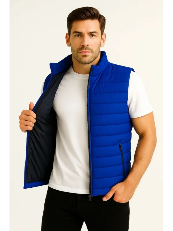 Erkek Şişme Fermuarlı Yelek Su itici Kapitone Astarlı Kumaş Cepli Hafif Kışlık Spor Rahat Kalıp - Saks Mavisi