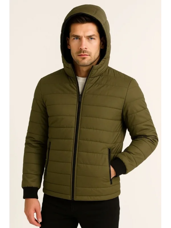 Erkek Şişme Kapüşonlu Fermuarlı Mont Su itici Kapitone Astarlı Kumaş Cepli Kışlık Rahat Kalıp - Haki