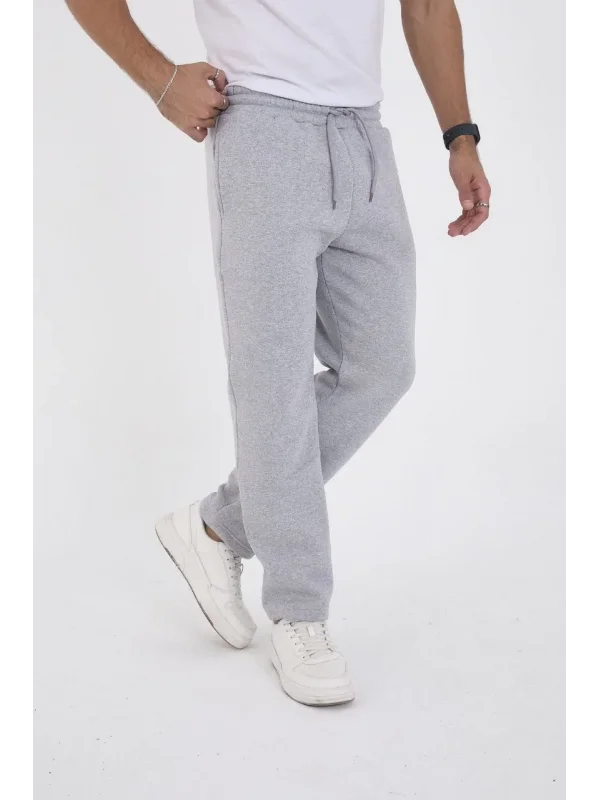 Erkek Üç İplik Basic Eşofman Boru Paça İpli Pantolon - Gri