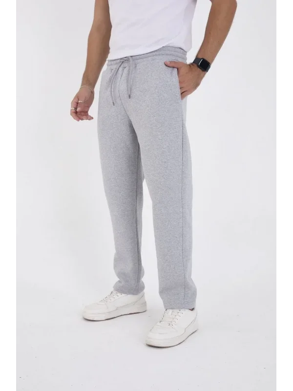 Erkek Üç İplik Basic Eşofman Boru Paça İpli Pantolon - Gri