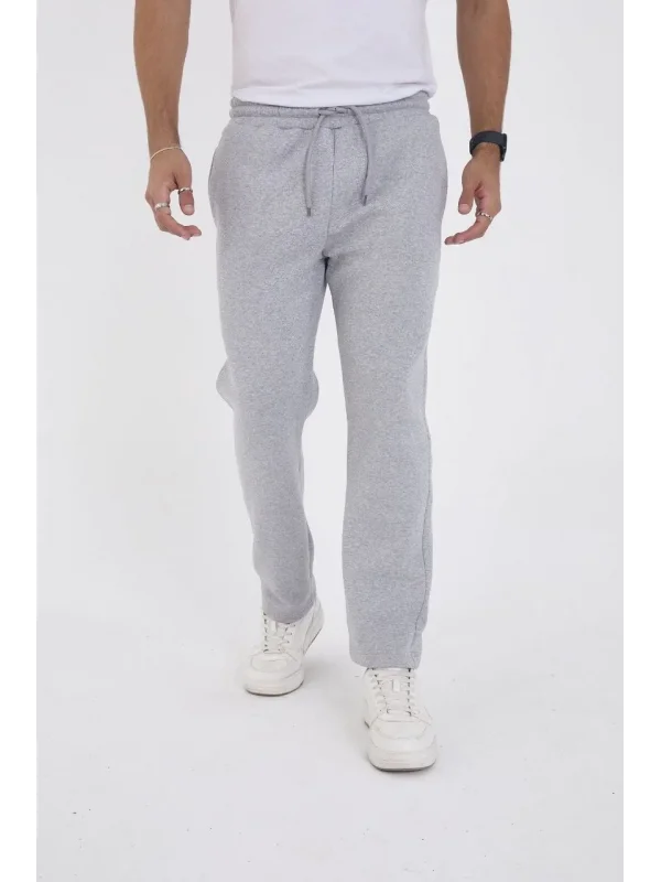 Erkek Üç İplik Basic Eşofman Boru Paça İpli Pantolon - Gri
