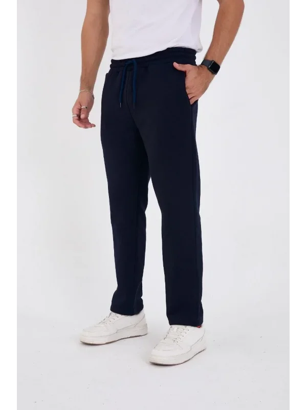 Erkek Üç İplik Basic Eşofman Boru Paça İpli Pantolon - Lacivert