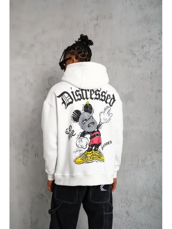 Lushiowear Erkek 3 İplik Pamuklu Kapüşonlu Baskılı Cepli Oversize Sweatshirt Hoodie - Beyaz