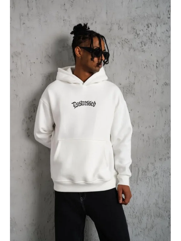 Lushiowear Erkek 3 İplik Pamuklu Kapüşonlu Baskılı Cepli Oversize Sweatshirt Hoodie - Beyaz