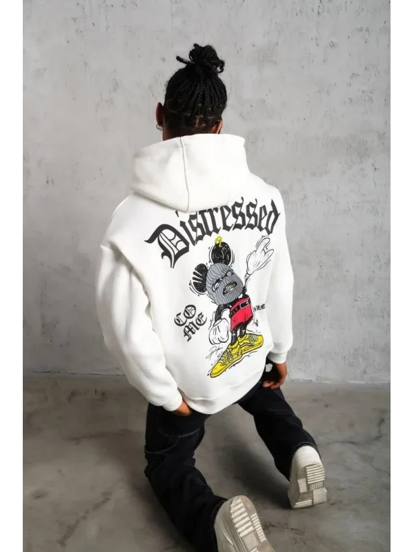 Lushiowear Erkek 3 İplik Pamuklu Kapüşonlu Baskılı Cepli Oversize Sweatshirt Hoodie - Beyaz