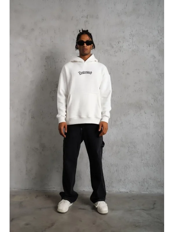Lushiowear Erkek 3 İplik Pamuklu Kapüşonlu Baskılı Cepli Oversize Sweatshirt Hoodie - Beyaz