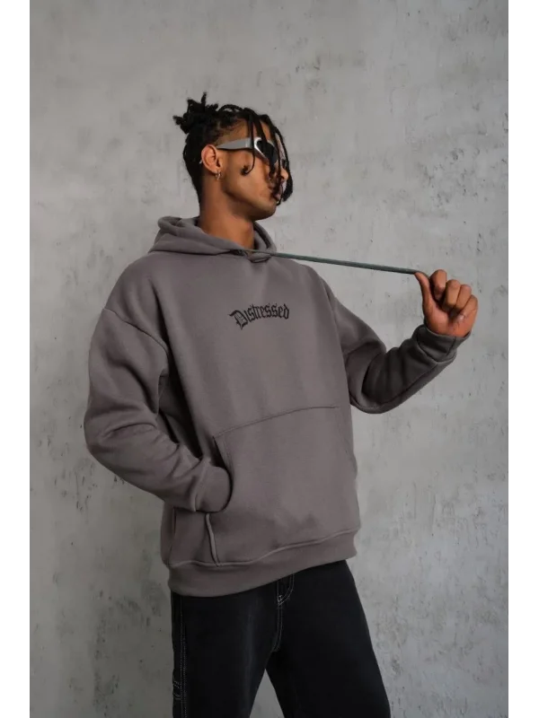 Lushiowear Erkek 3 İplik Pamuklu Kapüşonlu Kanguru Cepli Sweatshirt Hoodie -  Gri